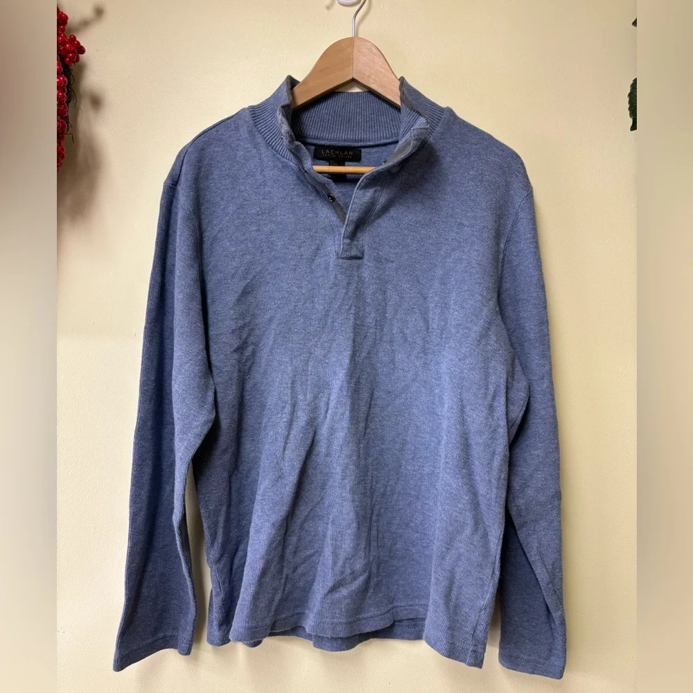 Men’s Lachlan Men’s British 1/4 Snap Blue 100% Cotton Sweater Size Large